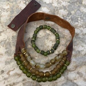 Stephanie Leigh Olive Green Beaded Leather Statement Necklace & Bracelet Set